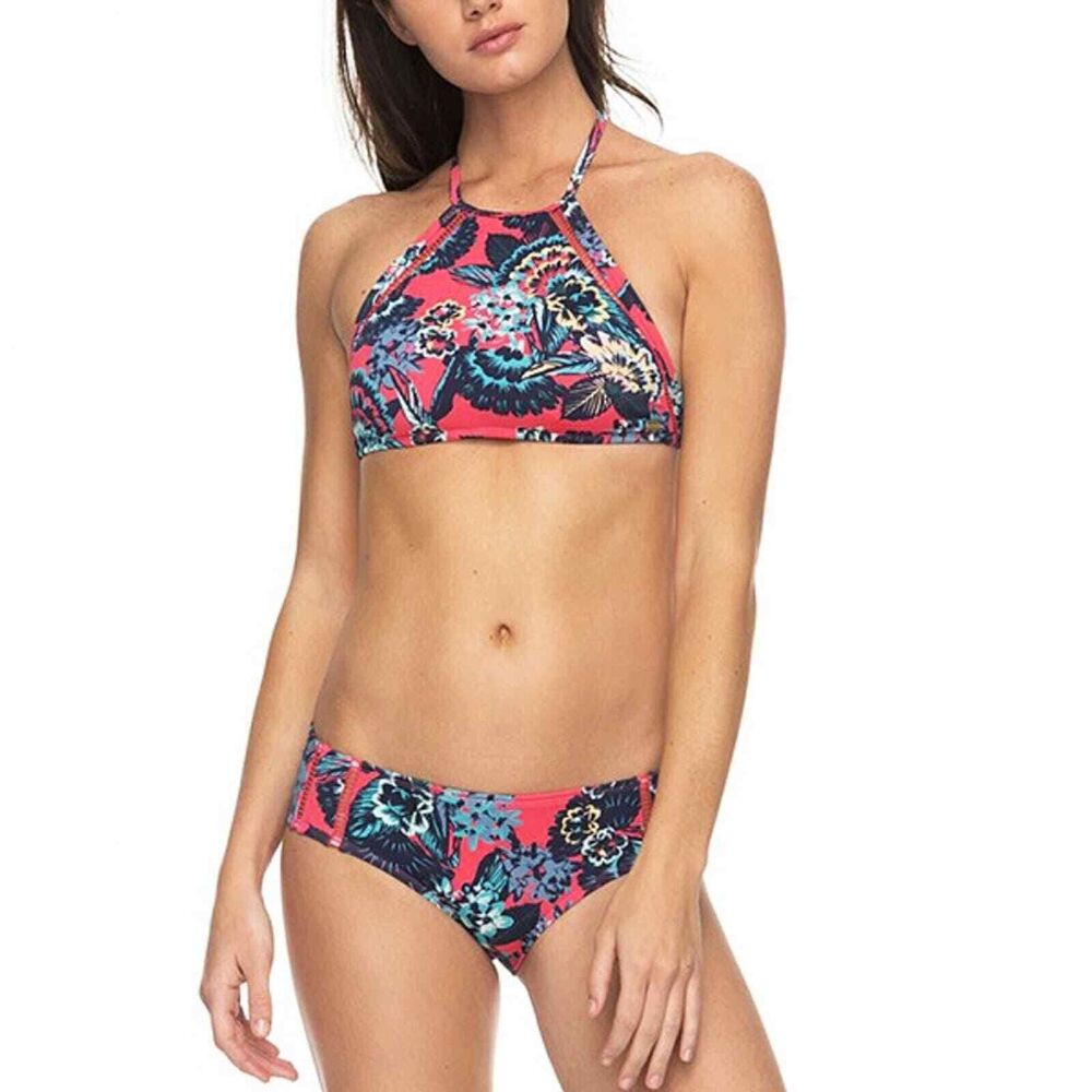 Roxy Women's Salty Shorty Crop Top Tropical Floral 2 Piece Bikini Tankini Large